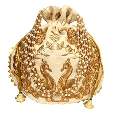 Imagem de Purpledip Bolsa de seda potli (bolsa com cordão): linha de ouro intrincada e lantejoulas pavão bordado satchel para mulheres, creme dourado (11474A), Pavões dourados, Large