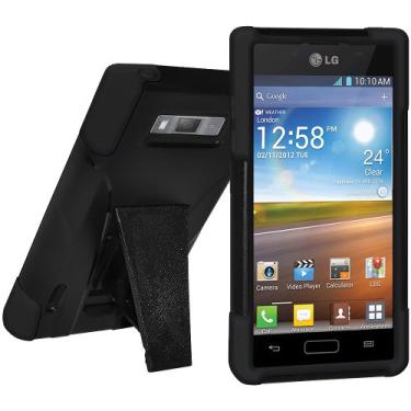 Imagem de Amzer Capa híbrida de camada dupla com suporte para LG Optimus L7, LG Optimus Showtime, LG Optimus Ultimate L96G, LG Venice - Embalagem de varejo - Preto/Preto