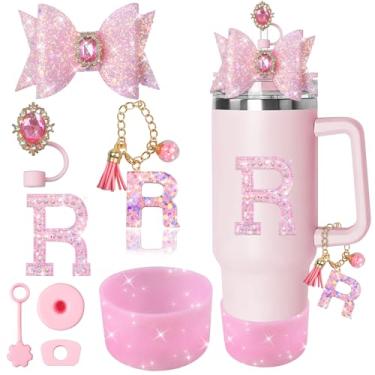 Imagem de XIANGYUAN Conjunto de 8 peças de acessórios rosa brilhante para copo Stanley Cup 850 g 1,134 g com alça, incluindo tampa de cobertura de palha de silicone, tampa à prova de derramamento, pingente de