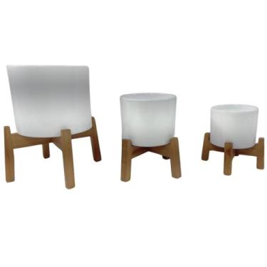 Imagem de Tripé De Madeira Com Vasos P M G Cerâmica Branco Cilíndrico - Inspira 