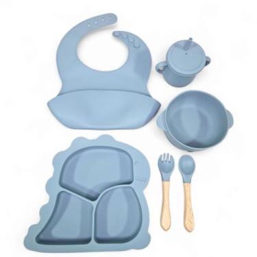 Imagem de Kit Introdução Alimentar Bebê 6 Peças Azul Dino - HK Baby