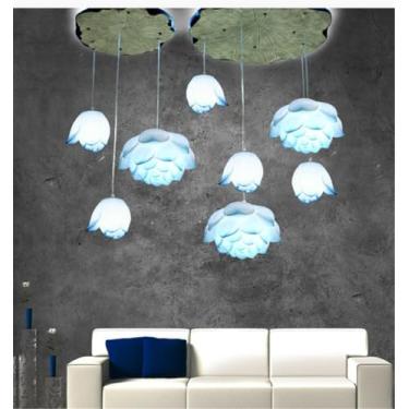 Imagem de Lâmpada Pendente de Lótus Contemporânea Chinesa Retro Criatividade Sala de Estar Restaurante Quarto Villa Hotel Escadaria Tearoom Bar Decoração LED Candelabro (Azul 8 luzes)