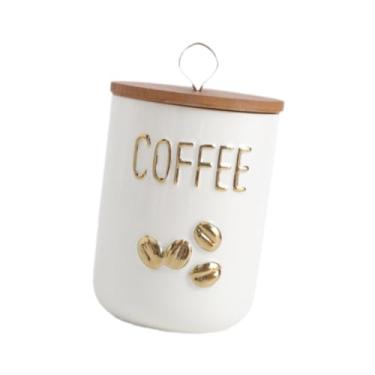 Imagem de IEUDNS Jarra de armazenamento com tampa de madeira com alça de lata de jarra selada elegante para gente de garra de farinha de farinha de açúcar gavetas de, Padrão de Café