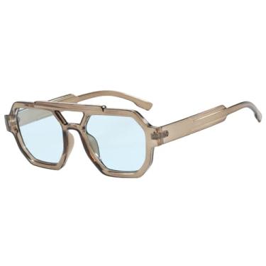 Imagem de Óculos de sol poligonais femininos retrô com dupla viga e óculos masculinos da moda para viagem Uv400, cinza azul, tamanho único