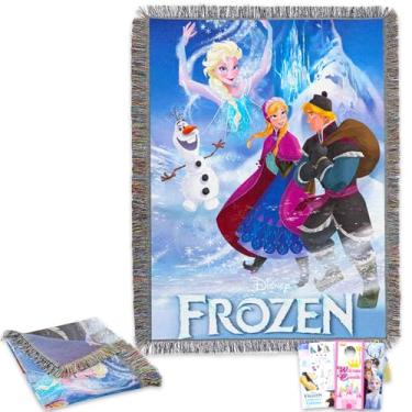 Imagem de Disney Conjunto de cobertor de tapeçaria de tecido congelado - Tapeçaria Anna Elsa, marcador, tatuagens e mais para crianças | Cobertor Disney Frozen Tamanho 122 cm x 152 cm