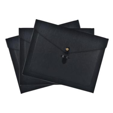 Imagem de QiXin Pasta de arquivo de couro PU preta, organizador de arquivos com fecho de pressão, pasta de documentos importante com bolsos, organizador de documentos, capa para notebook, pasta de arquivamento