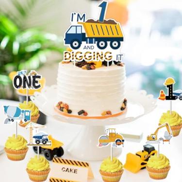 Imagem de kreat4joy Construction 1st Birthday Decorations Boy, I’m Digging Being 1st Birthday Cupcake Toppers Cake Topper Dump Truck Decors for Boys Construction One Year Old Birthday Decorations