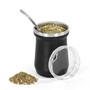 Imagem de AGH Xícara de erva mate 142 g, cabaça de erva mate e conjunto de canudo de bombilla, copo de chá isolado a vácuo de parede dupla de aço inoxidável (preto)