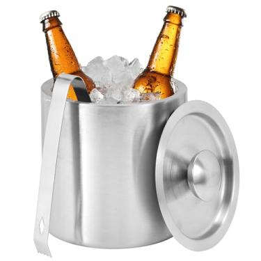 Imagem de Balde de gelo de aço inoxidável 1,3L com tampa e pinça, pequeno balde de gelo de parede dupla para coquetéis, cerveja, vinho, champanhe, mantenha as bebidas congeladas por mais tempo em casa, bares