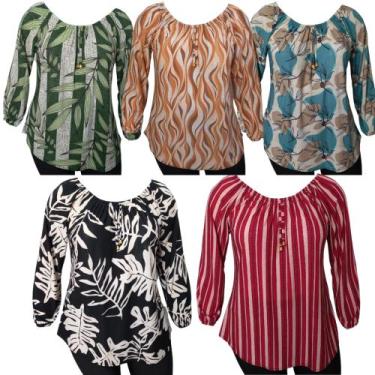 Imagem de Kit 5 Blusas Feminina Estampadas Manga Longa Liganete Confortáveis Dia