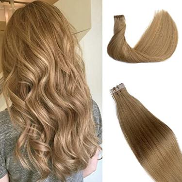 Imagem de Extensões de cabelo humano com fita adesiva, 50 gramas/20 peças, extensões de fita invisível com extensões de cabelo humano liso Remy de seda macia rastreável, cor nº 27, loiro para meninas/mulheres