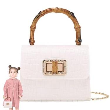 Imagem de genkigold Mini bolsa infantil com alça de bambu: bolsa infantil com estampa de couro de crocodilo, branco blush pérola, Natal, aniversário ou presente de feriado para festas de meninas, Branco blush