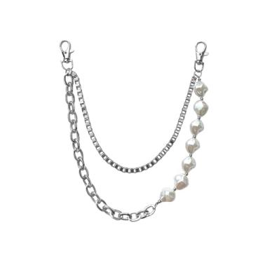 Imagem de WYSJYBHJ Corrente para calças de pérola, corrente jeans hip hop, acessórios para calças, acessórios para jeans, corrente de cintura de metal, Large, Liga e pérolas artificiais, Sem Pedra Preciosa