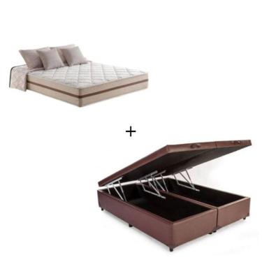 Imagem de Cama Baú Box Casal Bipartido Tecido Sintético Marrom com Colchão Pillow Angel - Bello Box - Molas Ensacadas 63x138x188