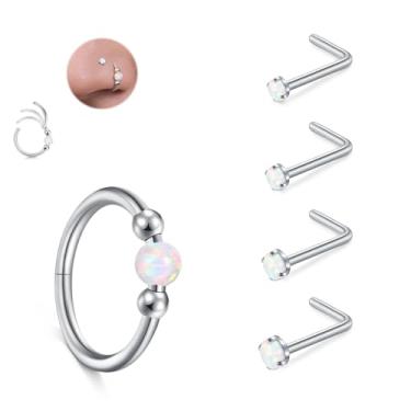 Imagem de JFORYOU Conjunto de anéis de nariz 18G para mulheres, aço inoxidável, hipoalergênico, 1,5 mm, 2,5 mm, 2,5 mm, 3 mm e opala articulada, segmento clicker, argolas de nariz, argolas, cartilagem de hélice