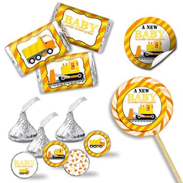 Imagem de Kit de adesivos de chá de bebê para meninos em construção - 429 peças!!! Inclui 60 adesivos circulares de 5 cm para lembrancinhas e sacolas de brindes, 45 mini embalagens de barra de doces e 324