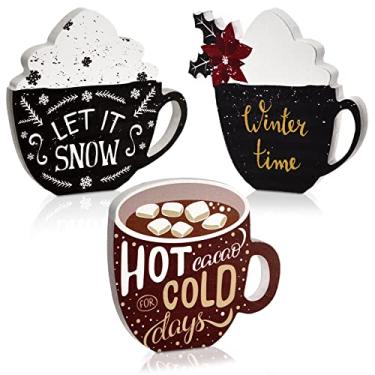 Imagem de Yulejo 3 peças de placas de madeira de Natal para café e Natal, placa de madeira de inverno, decoração de inverno, bebidas e decoração de mesa