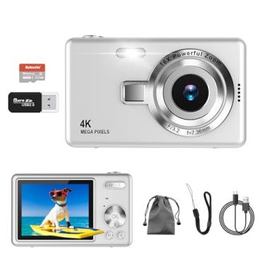 Imagem de Câmera digital 4K, câmera vlogging de 50 MP com cartão SD 32G, zoom de 16x, flash, câmera digital compacta portátil pequena para crianças estudantes, adolescentes adultos iniciantes (prata)