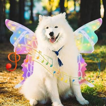Imagem de Asas brilhantes para animais de estimação, fantasia de asas de fada elétricas para animais de estimação, asas de borboleta para animais de estimação com luzes de LED e música, vestido de festa de