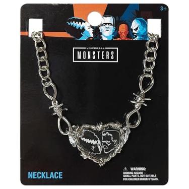 Imagem de LUV HER Colar com pingente de coração de monstros universais com personagens clássicos de terror - design Frankenstein e noiva de Frankenstein - joia de Halloween para crianças e adultos, a partir de