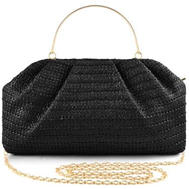 Imagem de ERKOON Bolsa clutch feminina de palha, 2025, verão, praia, transversal, bolsa, nuvem, bolinho de massa, bolsa envelope de tecido boho, Preto