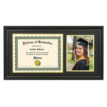 Imagem de LTYHHK Moldura de diploma com imagem de madeira maciça, exibe documento/certificado de 21 x 20 cm e foto de 15 x 20 cm com tapete branco sobre ouro ou 20 x 20 polegadas sem tapete, moldura de