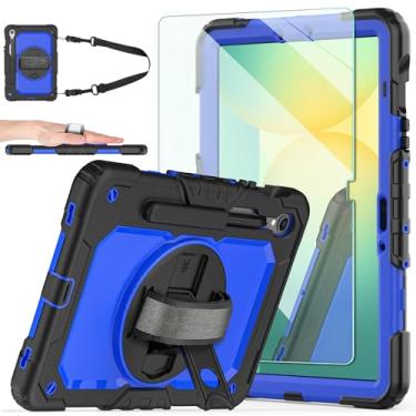 Imagem de Ambison Capa protetora para tablet Samsung Galaxy Tab S10 FE / S9 / S9 FE 5G com protetor de tela de vidro temperado 9H, suporte para lápis, suporte rotativo 360, alça de mão, alça de ombro (azul)