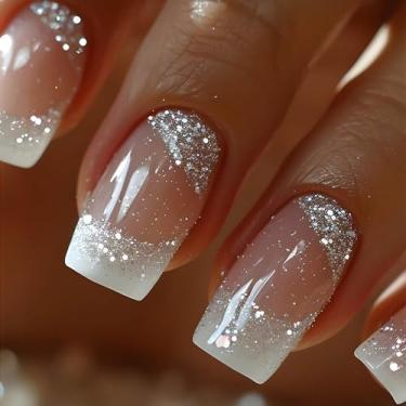 Imagem de RTKHFZE Unhas Postiças Quadradas Brancas, Pontas Francesas Médias, Falsas Com Glitter Prateado, Design Falso, Ombré Brilhante, Cola Acrílica Artificial Para Mulheres E Meninas, 24 Peças