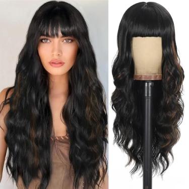 Imagem de UNNYMGER Perucas Pretas Mistas De Castanho Com Franja, Peruca Longa E Cacheada Para Mulheres, Cabelo Sintético Ondulado, Uso Em Festivais Feriados, 26 Pol.