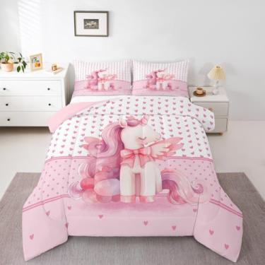 Imagem de jejeloiu Jogo de cama solteiro com estampa de unicórnio fofo, estampa de laço, para crianças, meninos, meninas, rosa, decoração de animais, edredom macio e leve, com 1 fronha