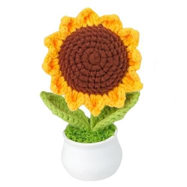 Imagem de JWlock Mini vaso feito à mão - flores artificiais de crochê tricotadas à mão para mesa de escritório, painel de carro e mesa de casa - Presente de planta sintética minúscula, sem manutenção (marrom)
