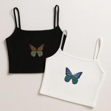 Imagem de Kit 2 Top Cropped de Alcinha Canelado com Borboleta Bordada - Branco e