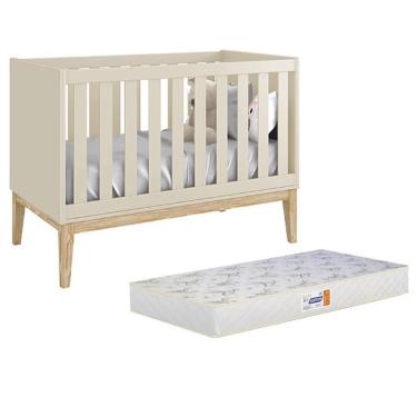 Imagem de Berço Americano Classic Areia Fosco Com Pés Madeira Natural E Colchão D18 - Reller Móveis Areia Fosco