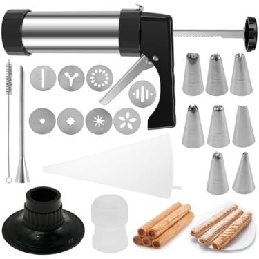 Imagem de Churro Maker, kit de prensa de biscoitos de aço inoxidável, máquina de fazer biscoitos faça você mesmo com 6 bocais de cobertura, máquina de churrasco de aço inoxidável, para fazer e decorar biscoitos