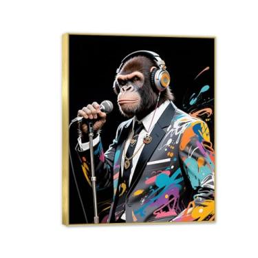 Imagem de SDYJ6GSW Pintura em tela animal macaco arte de parede macaco preto DJ fones de ouvido grafite pôster e impressões imagens para sala de estar decoração de parede moldura 50 x 40 cm (20 x 16 pol)