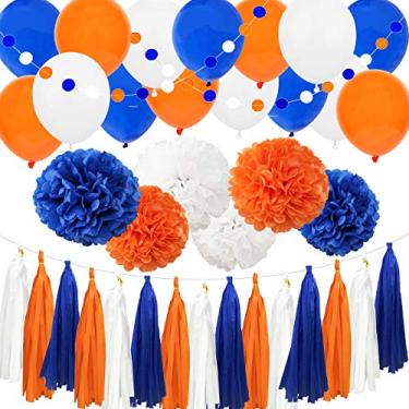 Imagem de Kit de decoração de festa de casamento para chá de bebê com 38 peças, azul marinho, laranja e branco, 38 peças, American Birthday Bachelorette - - 30,5 cm Pompom de tecido de 25,4 cm, balão de látex de 3,5 cm, borla de papel, guirlanda de bolinhas circulares