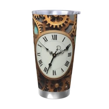 Imagem de Ousika Copo de 590 ml com tampa e canudo Caneca de café isolada a vácuo de aço inoxidável com parede dupla, relógio steampunk enferrujado, copos de viagem, copos de viagem, presentes para mulheres