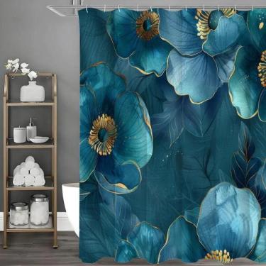 Imagem de Cortina De Chuveiro Impermeável Floral Azul Com Ganchos Tema Decorativ