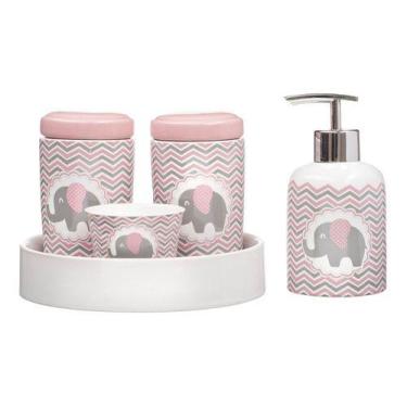 Imagem de Kit Higiene Bebê Porta Algodão Banheiro Quarto Elefante Bb - PGB, Rosa