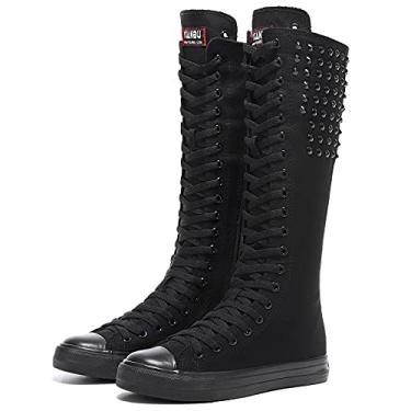 Imagem de Momuk Estilo punk bota de lona com rebite longo até o joelho casual moda saia sapatos para mulheres e meninas tamanho 5 B(M) EUA preto