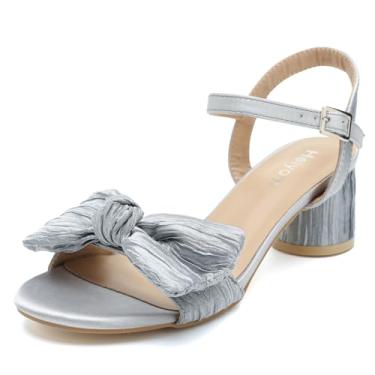 Imagem de Sandália feminina de salto com laço, salto plissado, tira no tornozelo, salto baixo grosso, vestido de festa de casamento, Prata, 38