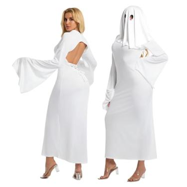 Imagem de JINGGWW Fantasia de fantasma de Halloween para mulheres, vestido sexy de fantasma branco frente única com máscara, fantasia de anime Kawaii para festas, Longo, P