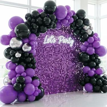 Imagem de Balões pretos e roxos – Kit de arco de balão preto e roxo de 130 peças com balões prateados metálicos, kit de guirlanda roxa e preta para festa de aniversário, casamento, chá de bebê, festa de formatura