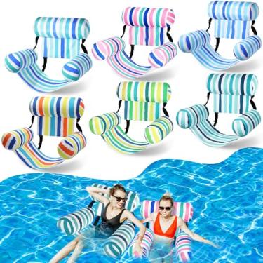Imagem de Blueweenly Pacote com 6 cadeiras flutuantes de piscina, para adultos, infláveis, cobertas de tecido, espreguiçadeiras, rede ajustável, padrão listrado, boia de natação para água de verão