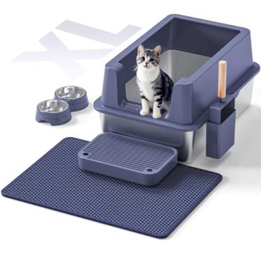 Imagem de Caixa de areia para gatos de aço inoxidável – caixa de areia de metal XL fechada com tampa para gatos grandes, lado alto, anti-vazamento, fácil limpeza, não pegajoso, tapete de areia incluído, tigela