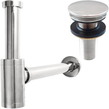 Imagem de Dona D Cor, Sifão Copo Cromado Metal e Valvula Click 7/8 Inox Brilhosa Kit Banheiro Luxo Ralo de Pia 30mm