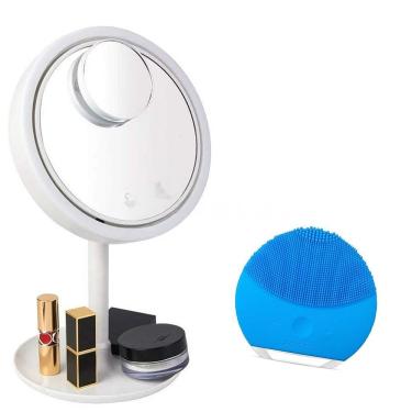 Imagem de Kit para Limpeza Facial - Espelho Led com Ventilador Seca Maquiagem + Esponja Facial Elétrica