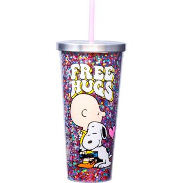 Imagem de Spoontiques Copo de glitter Peanuts Free Hugs - Copo de acrílico preenchido com glitter de 590 ml com canudo - Tampa de bloqueio de aço inoxidável - Isolamento de parede dupla e livre de BPA