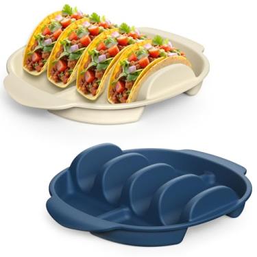Imagem de Conjunto de 2 suportes de tacos de silicone, placas de taco reutilizáveis, suporte de concha de taco com divisórias para suporte de conchas de taco duras/macias, pratos de servir, suporte de taco