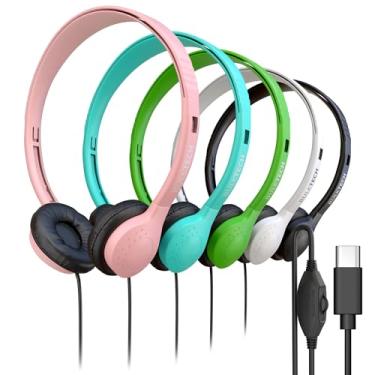 Imagem de Pacote com 10 fones de ouvido com fio, couro, USB-C, no ouvido, controle de volume, compatível com telefone, tablet, laptop, PC para escola, aula, reunião, conferência, teste, mistura